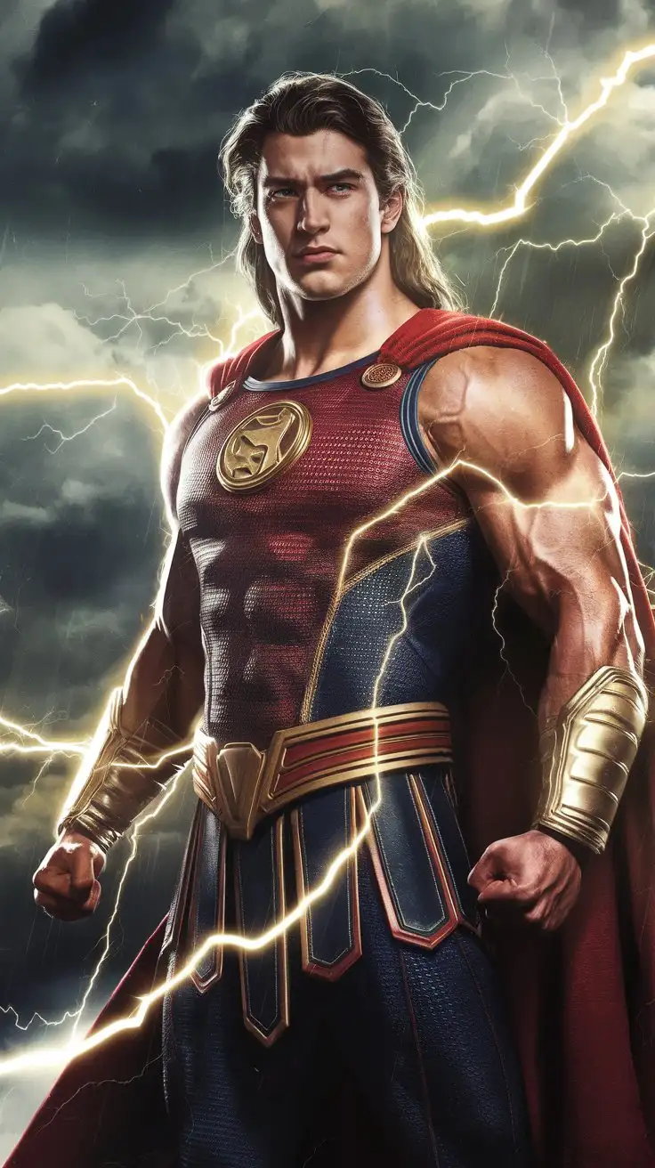Supercharged brawn. Herculean powers. Golden electric glow. 19 years old. Superhero. Basking in agony in a lightning storm. Long hair. Photorealistic.
