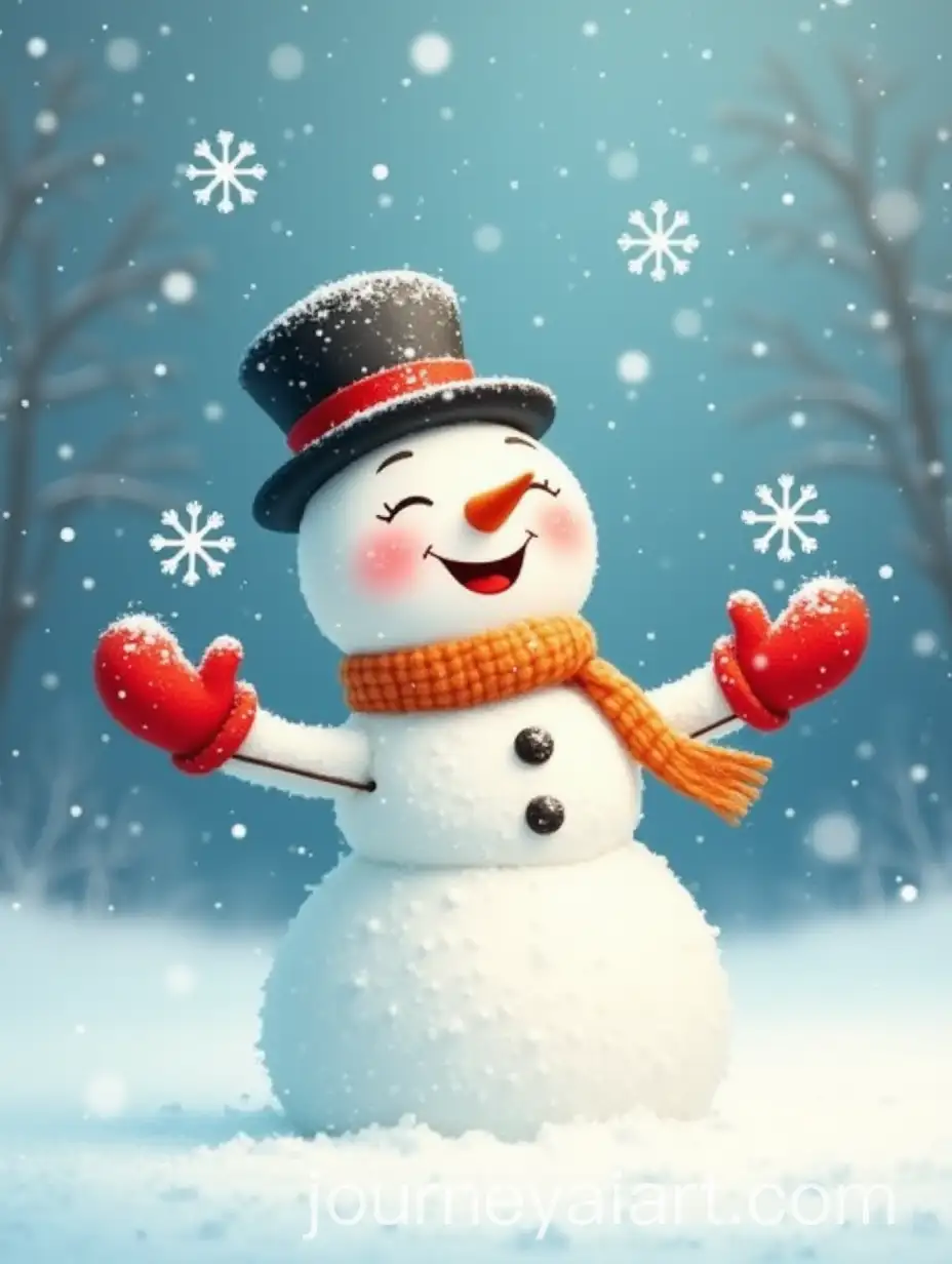 Cheerful-Snowman-Catching-Snowflakes-with-Hat-Scarf-and-Red-Mittens