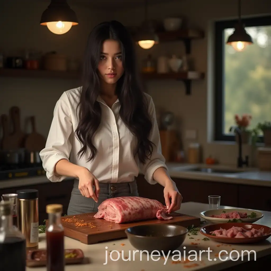 Beautiful-Woman-Preparing-Suckling-Pig-in-the-Kitchen-with-Spices-and-Sweet-Soy-Sauce