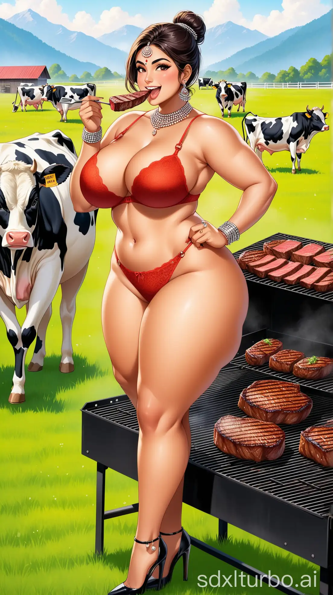 Gorgeous-Indian-Woman-Enjoying-Grilled-Steak-on-Cow-Farm