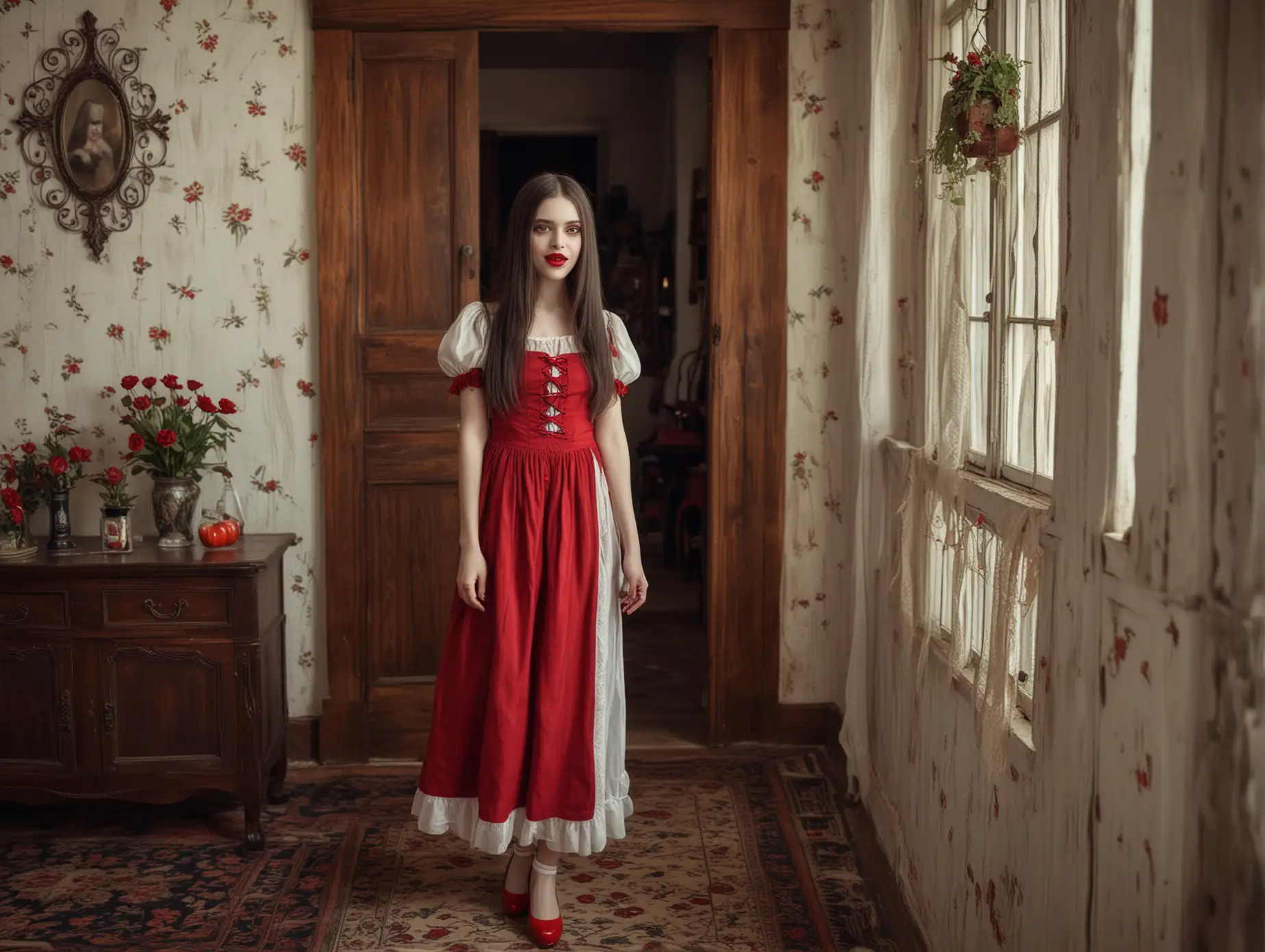 cute and sweet vampire with fangs, straight long hair, white skin, bright red lips. wearing long dress and mary jane shoes. located in a small fancy Spadena House.