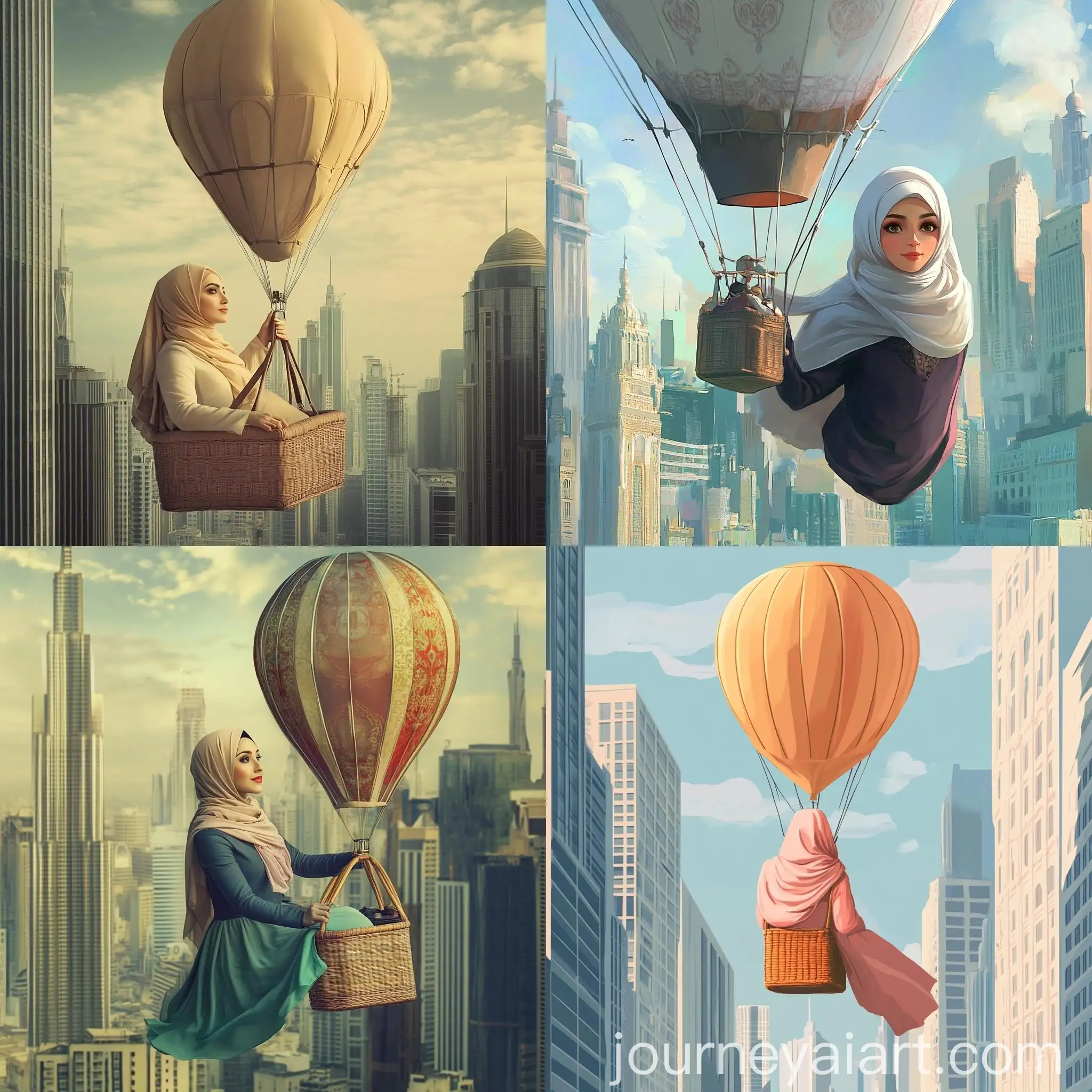 Muslim-Woman-in-Hijab-Riding-Air-Balloon-Above-Urban-Skyscrapers