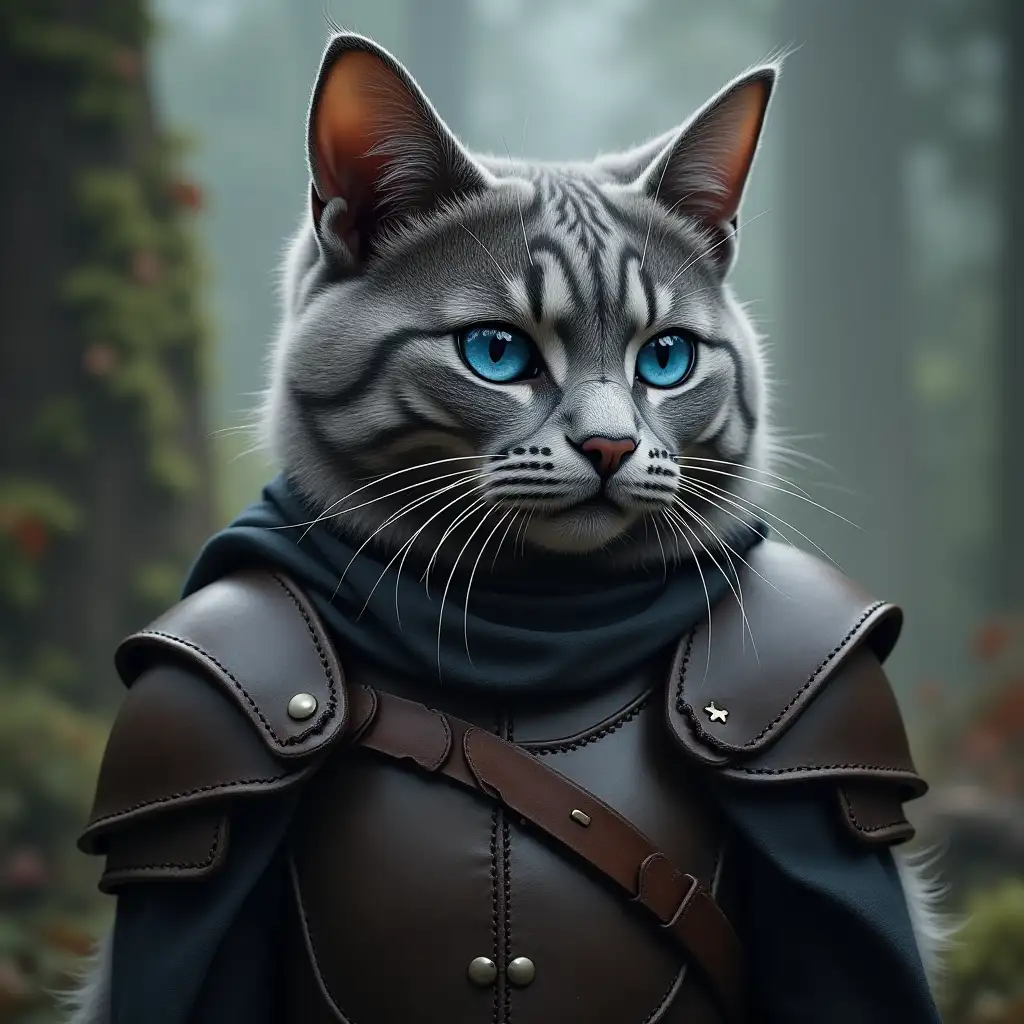 Grey British cat, with blue eyes, wearing leather armor, in a fantasy setting