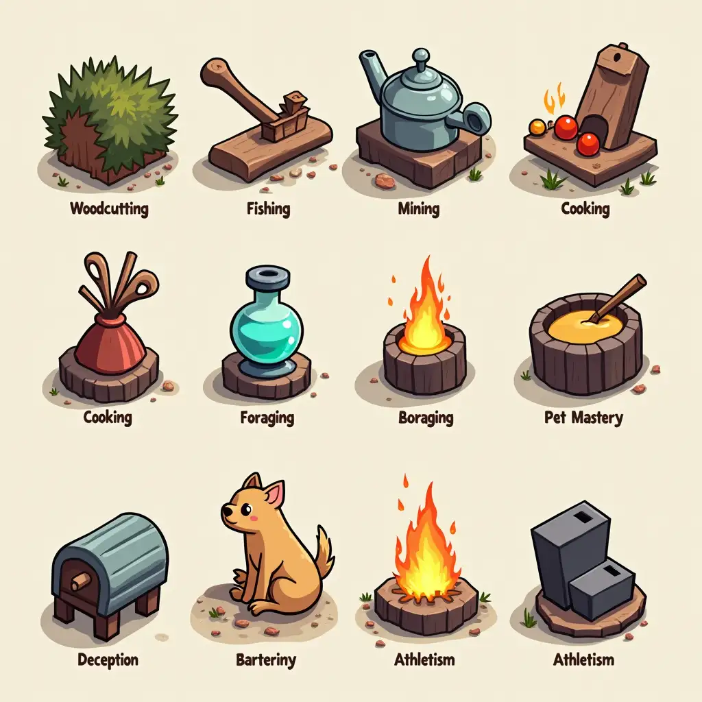 Chibi-Anime-Style-Game-Icons-for-Various-Skills-Woodcutting-Fishing-Cooking-Mining-and-More