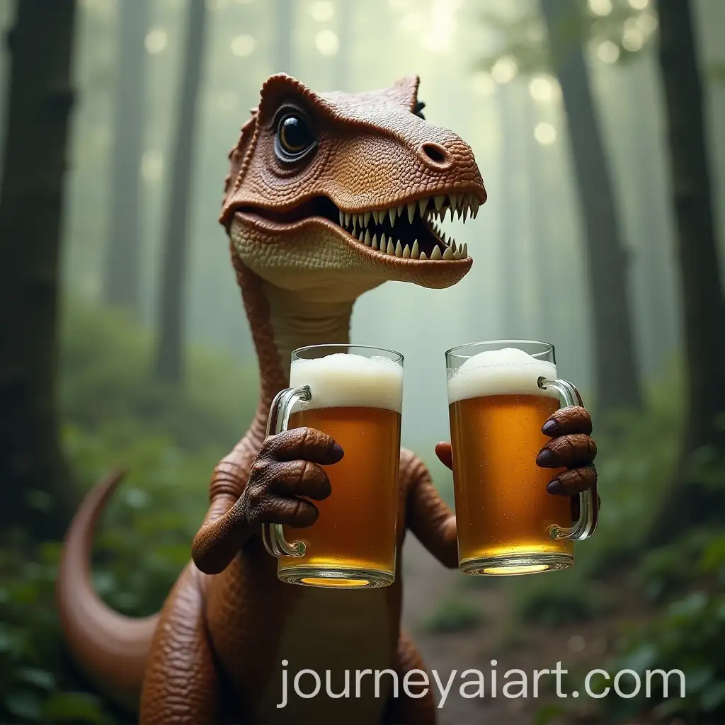 Velociraptor-Enjoying-Beer-in-Misty-Forest