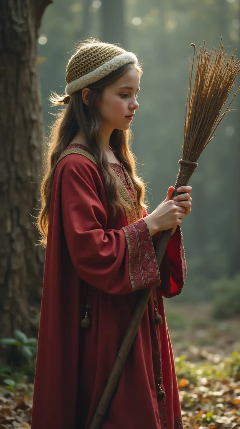 Student Holding Twig from Broom in Vintage Classroom