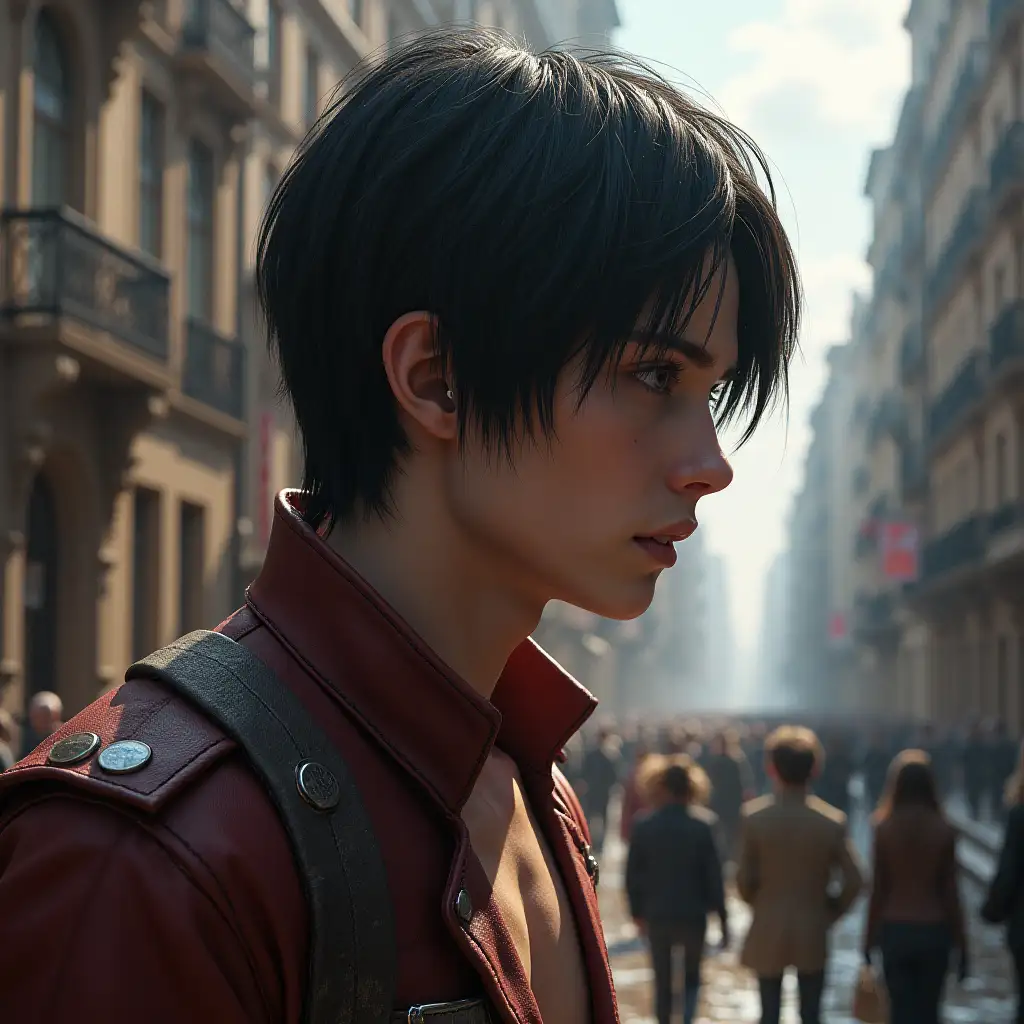 Ultradetailed hyperrealistic photo-realistic portrait Attack on Titan, Eren Jäger-titan 10 meter tall Paying attention to texture, surfaces and lighting, to give depth, dimension and a photo-realistic appearance.in the city