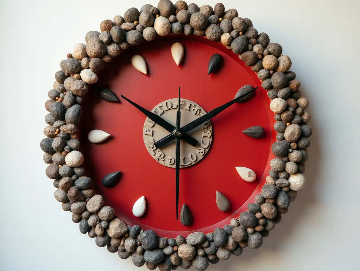 Harz mixed with wood, wall clock with stone red, white gold black