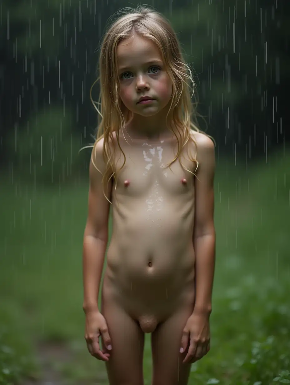 Slender little girl, pale shiny skin, wet shoulder length dark blonde hair, hazel eyes. No shirt. Standing on the grass in the rain, rivulets of water pouring down her chest and belly. Long slender legs visible.