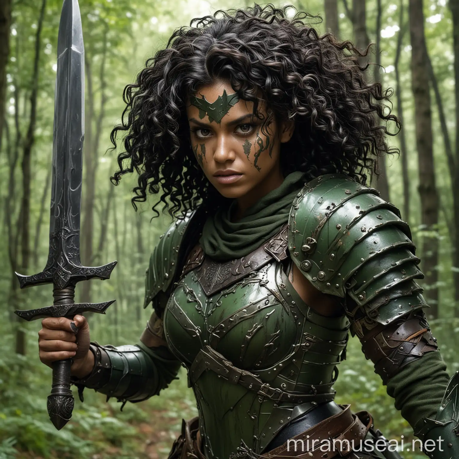 Forest Warrior Woman with Dual Daggers and Green Metal Armor