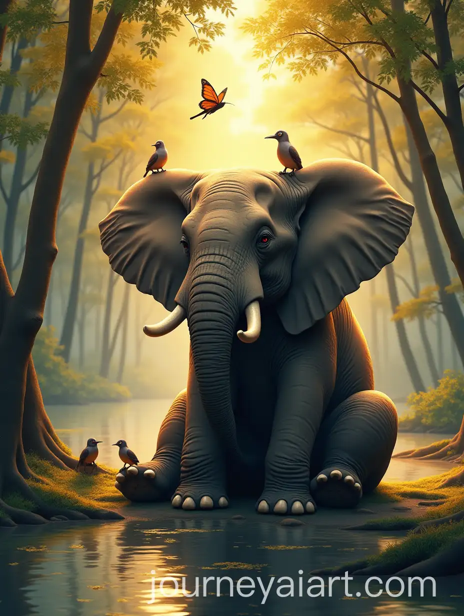 Majestic-Elephant-by-Tranquil-River-with-Birds-and-Butterflies