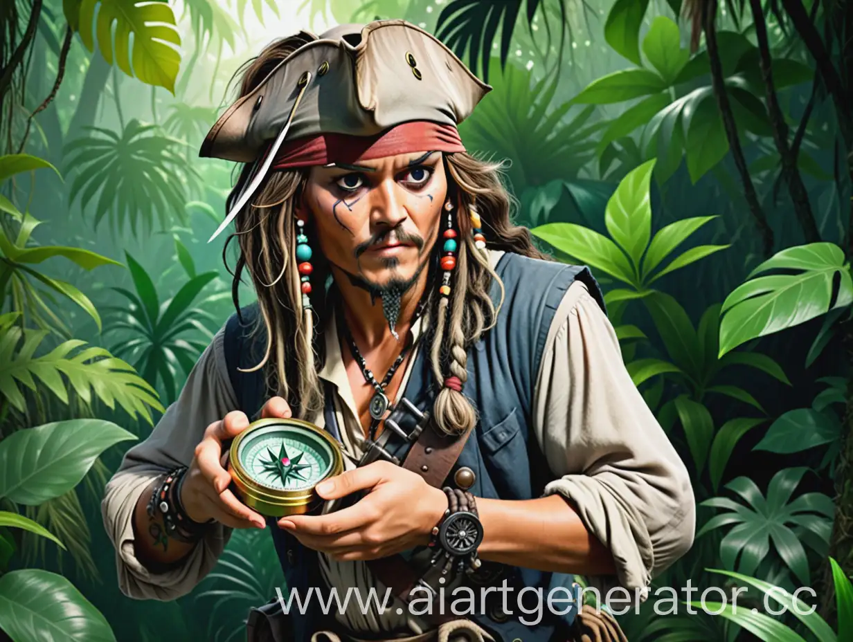 Cartoon-Style-Jack-Sparrow-with-Gray-Braids-Looking-at-Compass-in-Jungle