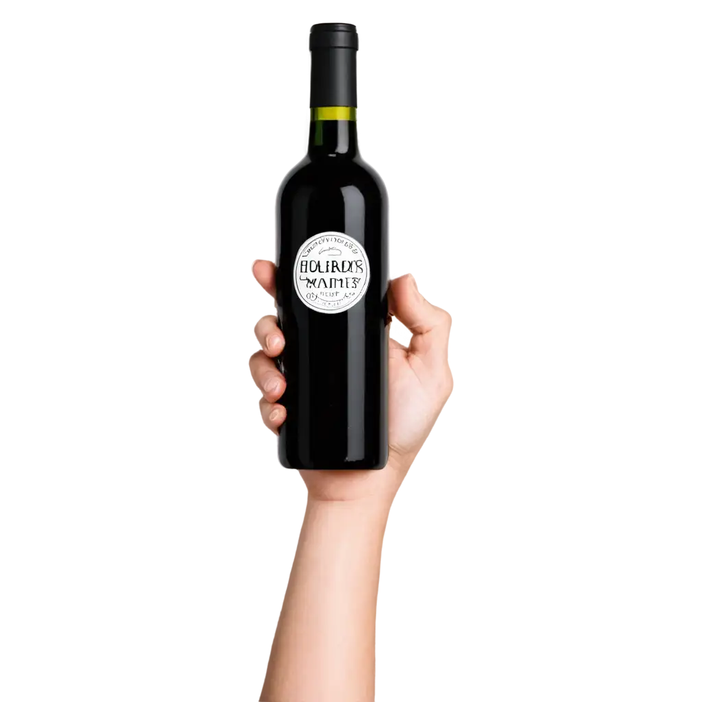 PNG-Image-of-Wine-Bottle-with-Black-and-White-Logo-Hand-Reaching-to-Open-HighQuality-and-Versatile