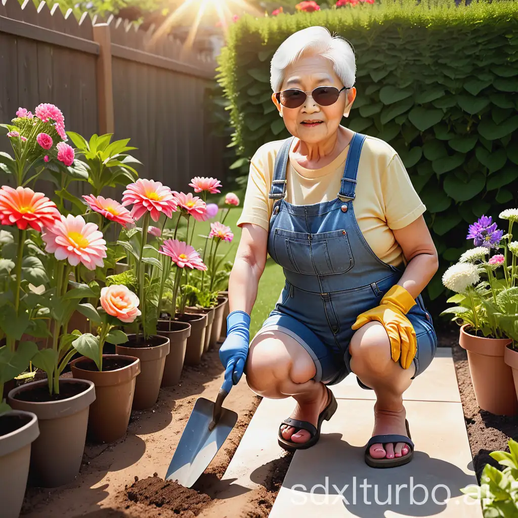 Asian-Grandma-Gardening-in-Denim-Shortalls-on-a-Sweltering-Day