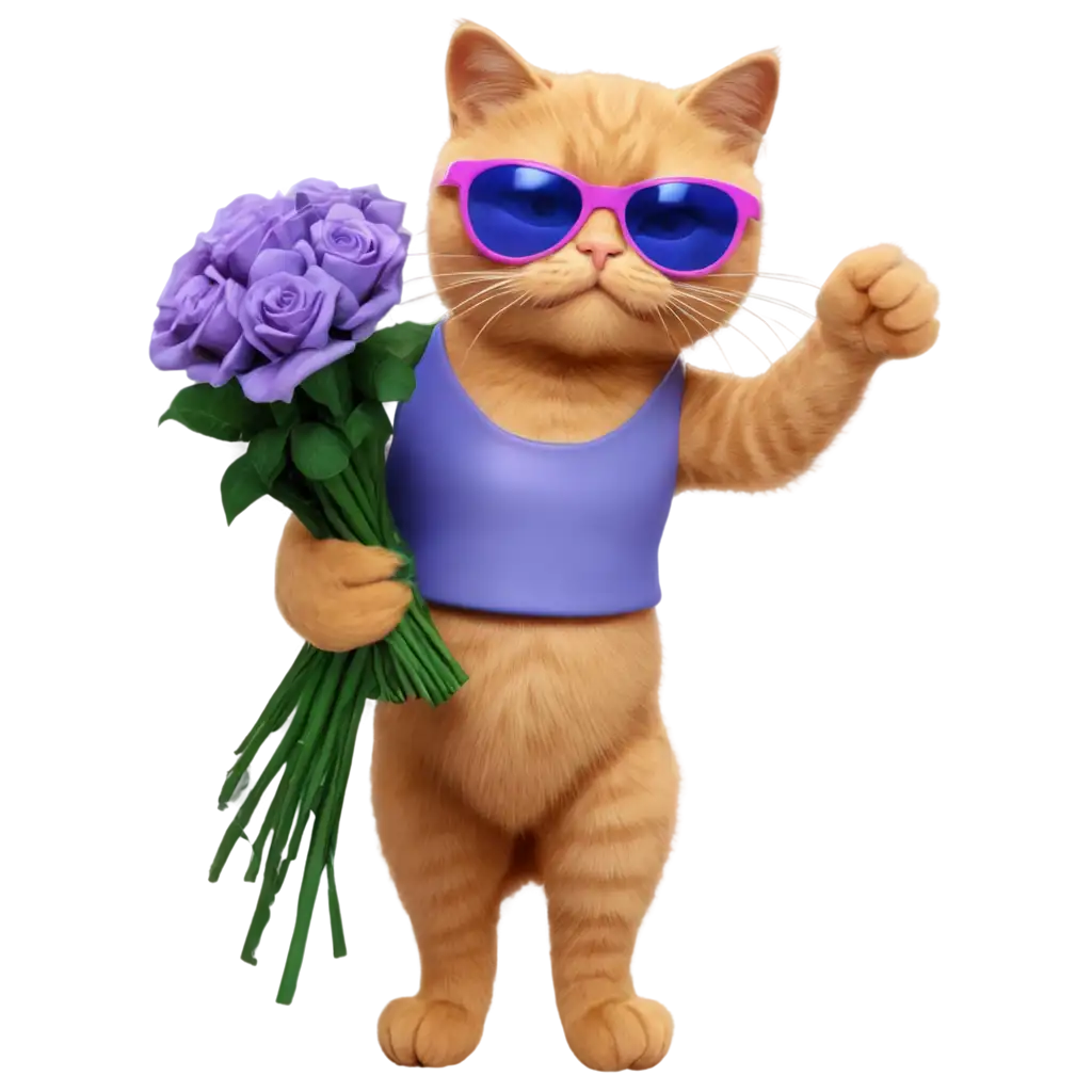 Cat-in-Boots-Holding-a-Bouquet-of-Blue-Roses-with-Purple-Sunglasses-PNG-High-Quality-Image-for-Versatile-Use
