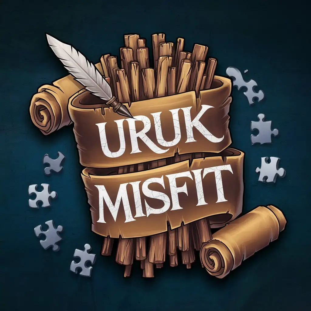 Logo-Design-Featuring-Quill-Writing-on-Scroll-with-Puzzle-Pieces-and-Uruk-Misfit-Names