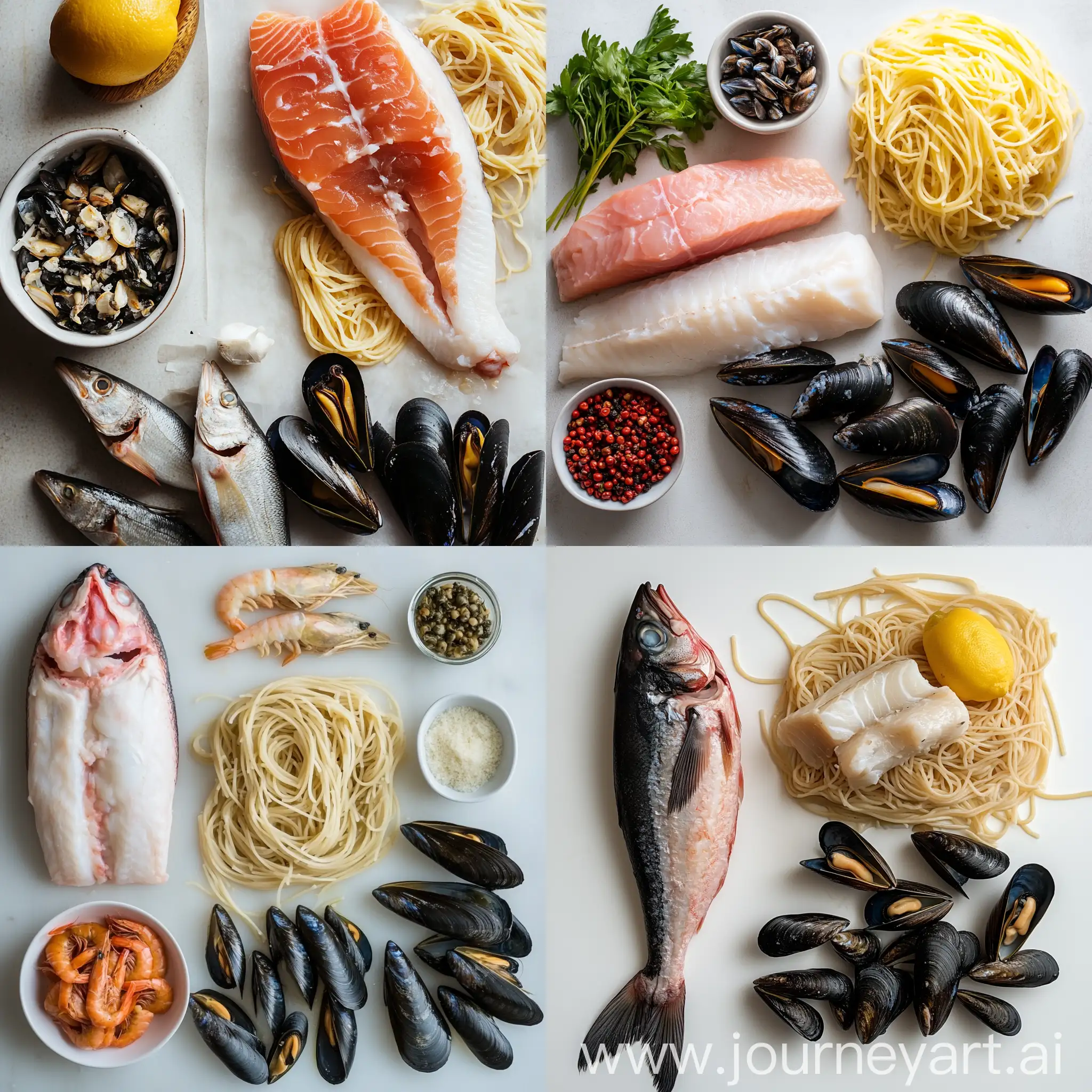 Seafood-Platter-with-Halibut-Shrimp-and-Mussels-on-White-Table