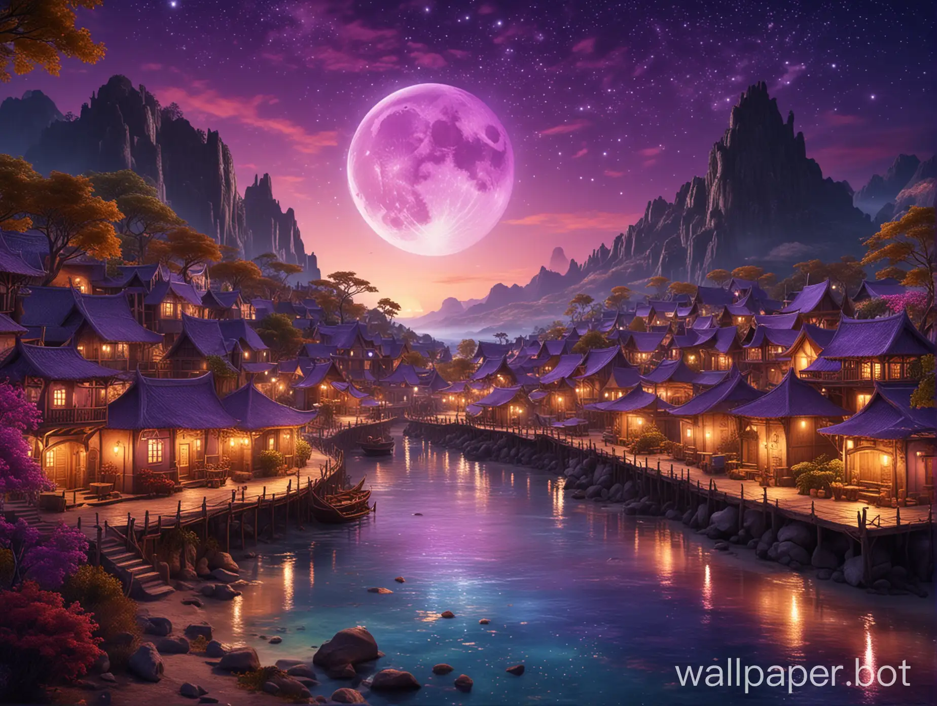 Fantasy Caribbean Elven Town in Autumn in Nigh time with slight sunset HD Lighting. Purple Moon with starry night sky.