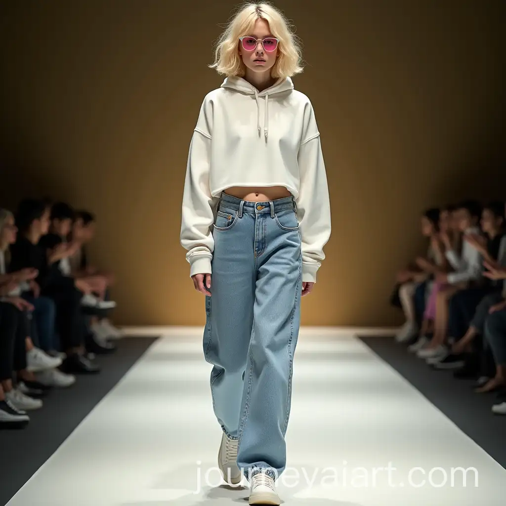 Young-Japanese-Woman-in-Casual-Fashion-on-a-Gold-and-Black-Minimalist-Runway