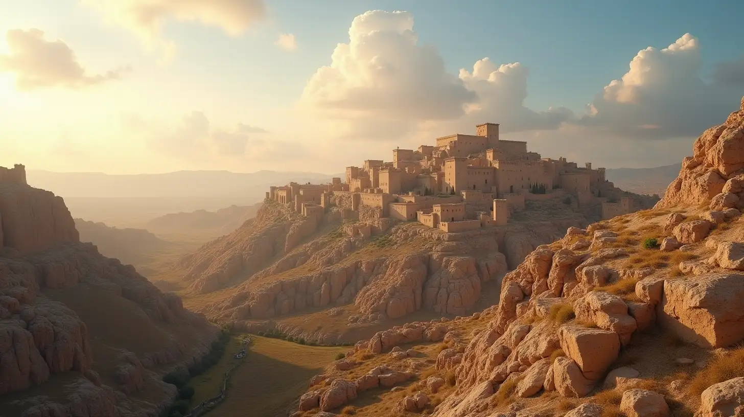 Ancient Walled City in Mountainous Landscape under Magnificent Sky