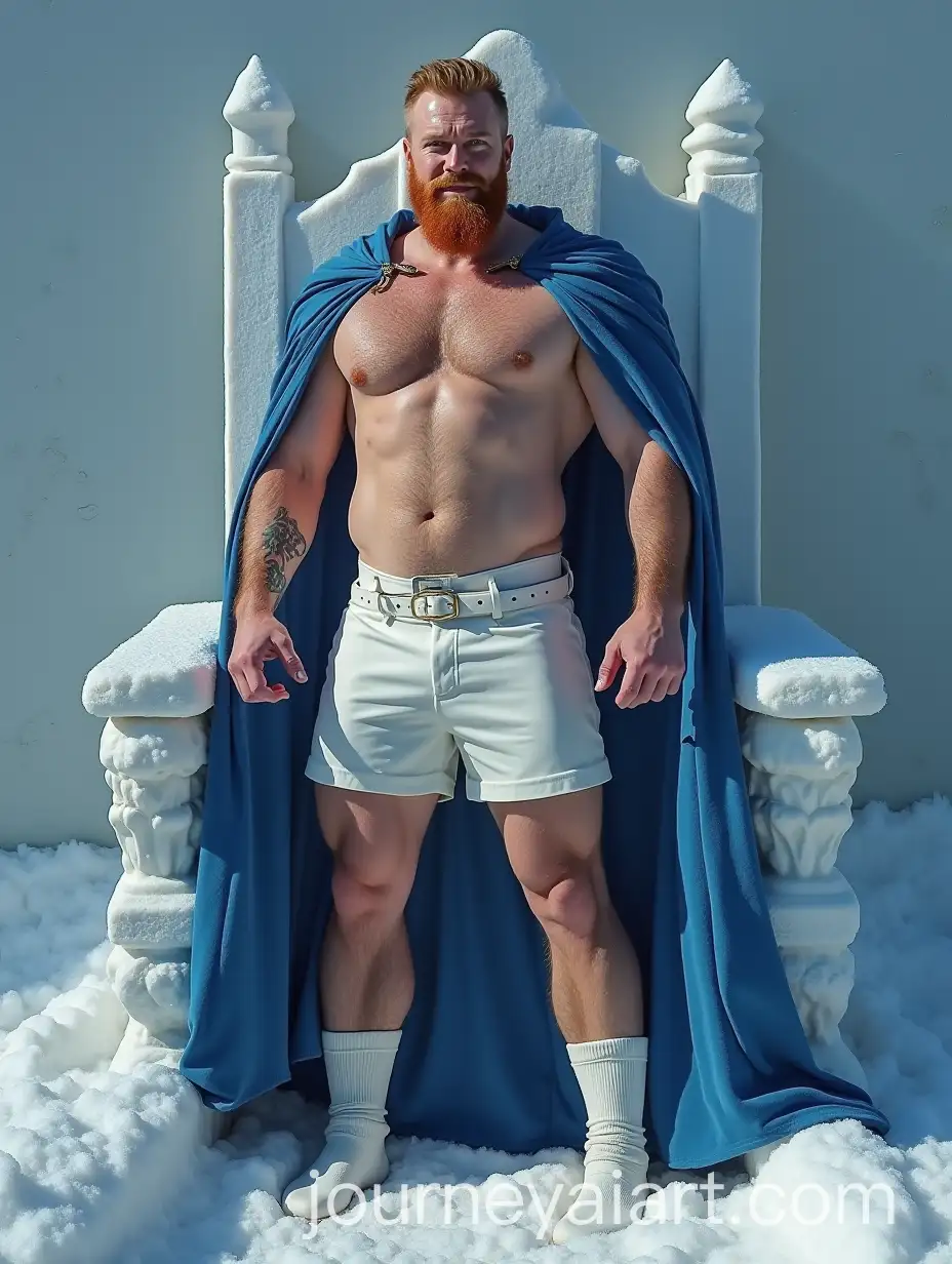 Pale-Ginger-Gladiator-with-Blue-Cape-Sitting-on-Snow-Throne