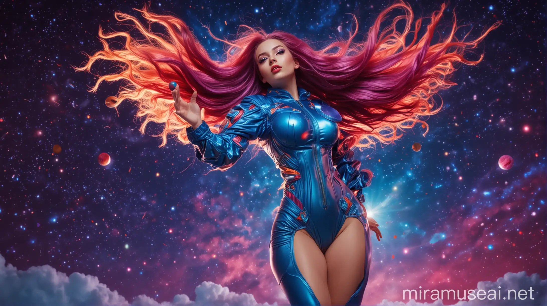 Curvy Dancer in Futuristic Spacesuit Against Colorful Night Sky