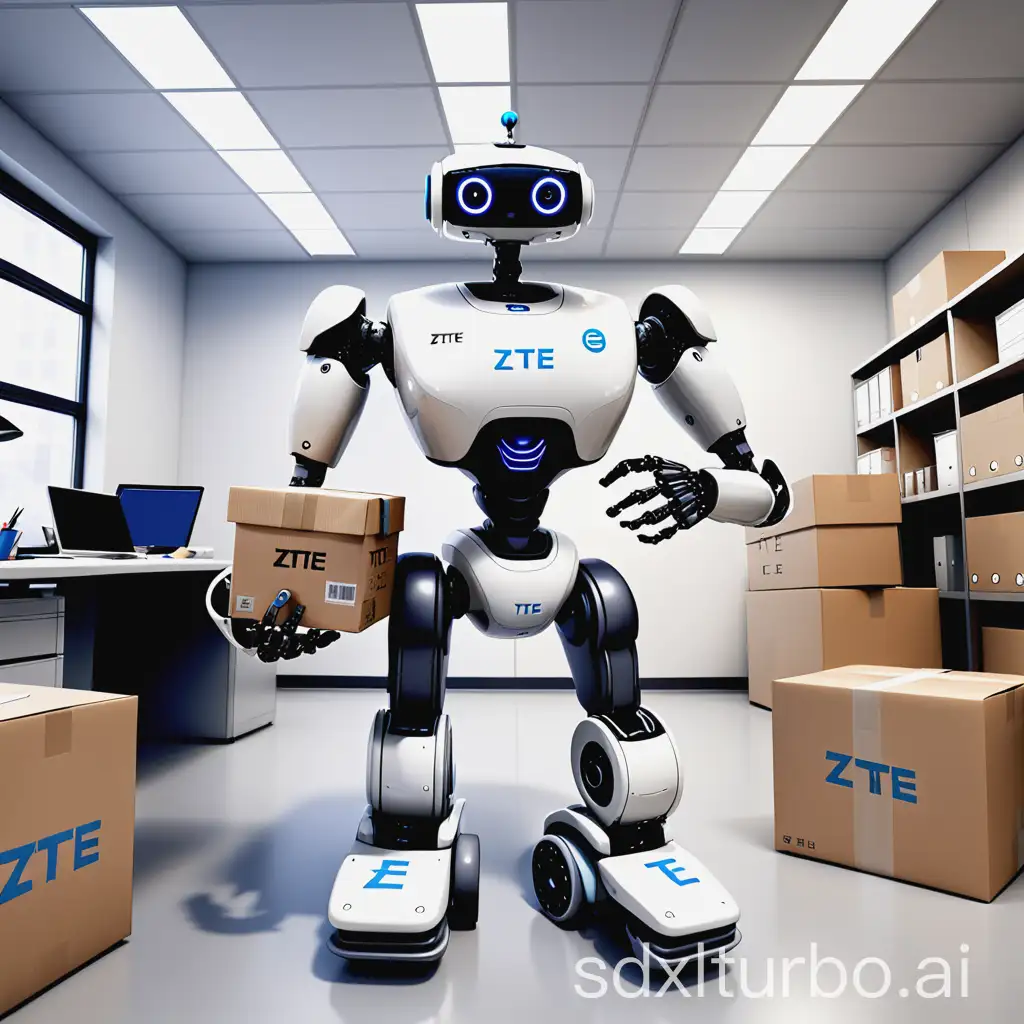 An office environment with a double-arm wheel robot, 'ZTE' written on its belly, holding a parcel in its hand