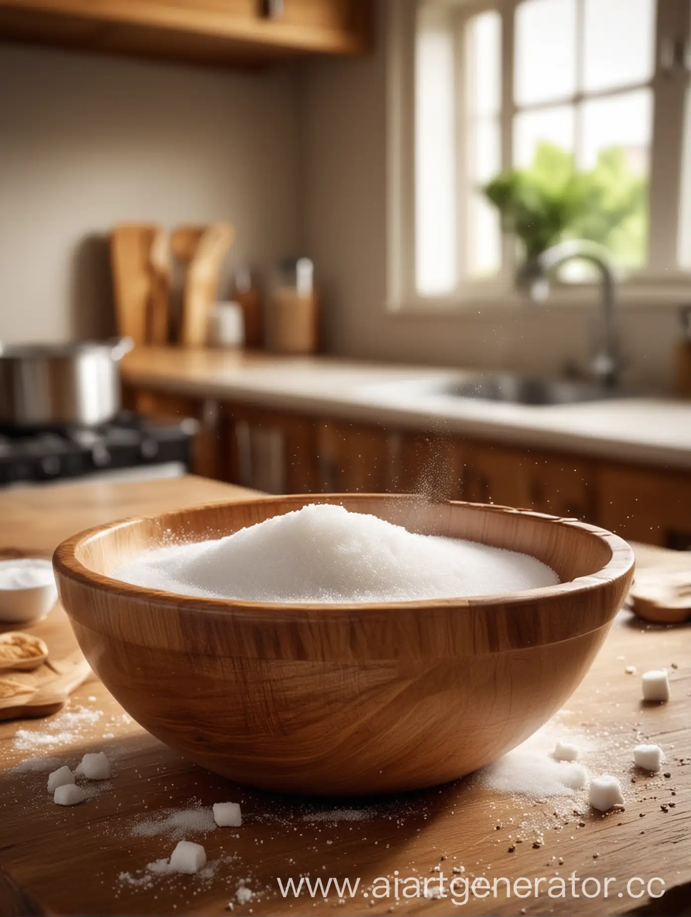 Overflowing-Wooden-Bowl-of-Sugar-in-Blurred-Kitchen-Setting