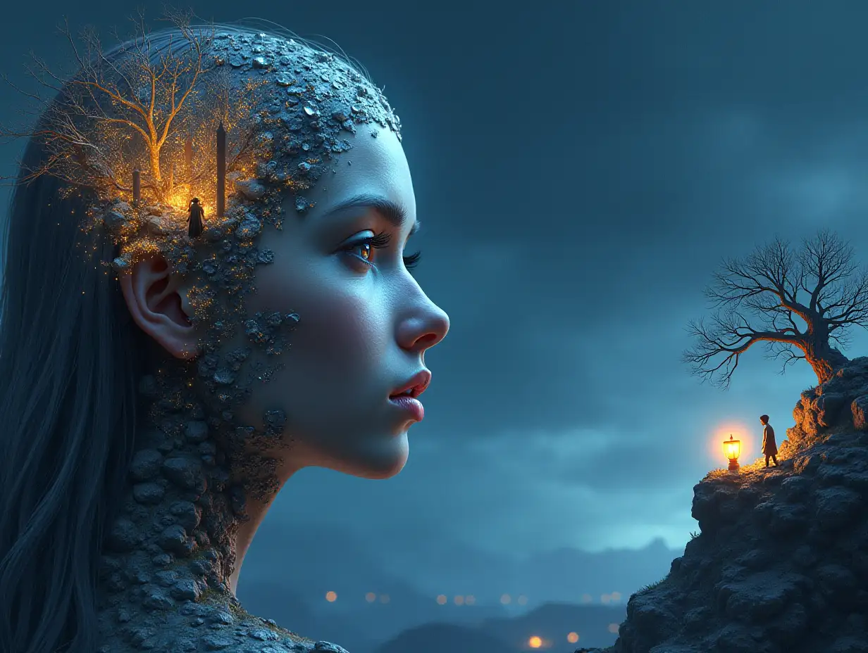 Creating a digital painting of a face with hair transforming into a building with silver stones and Illuminated trees with branches and lantern and alien creatures on a mountain