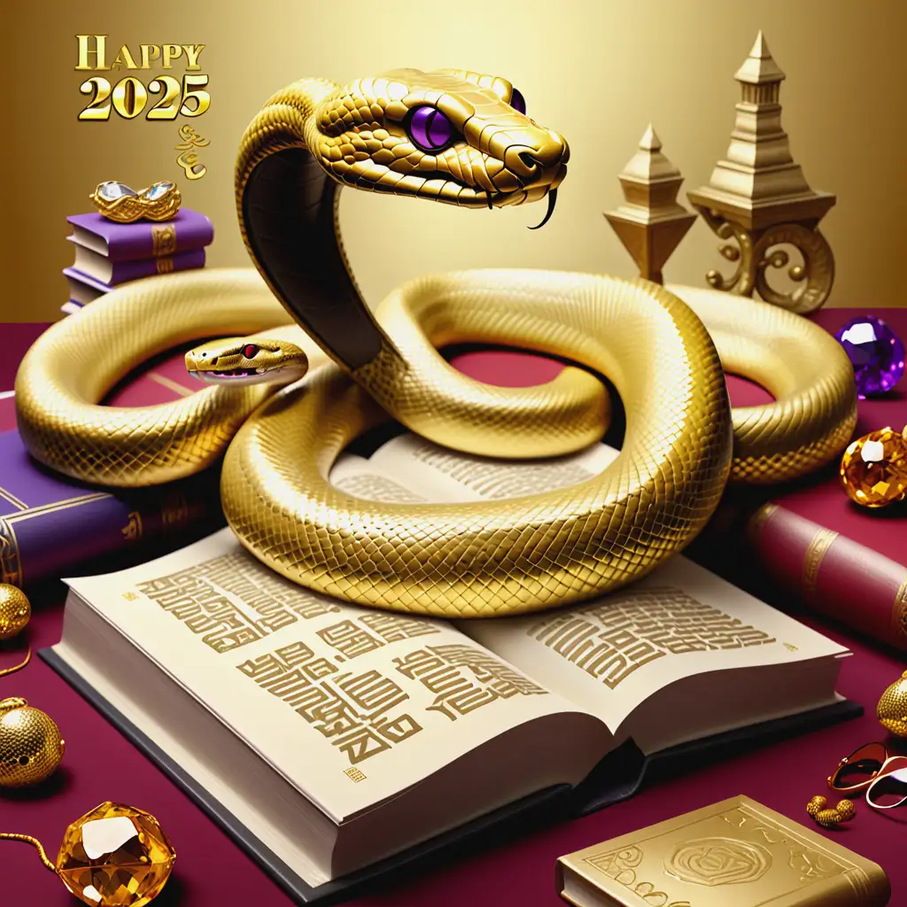 Golden-Snake-Coiled-Around-Book-with-Treasures-and-Happy-New-Year-2025-in-Gold