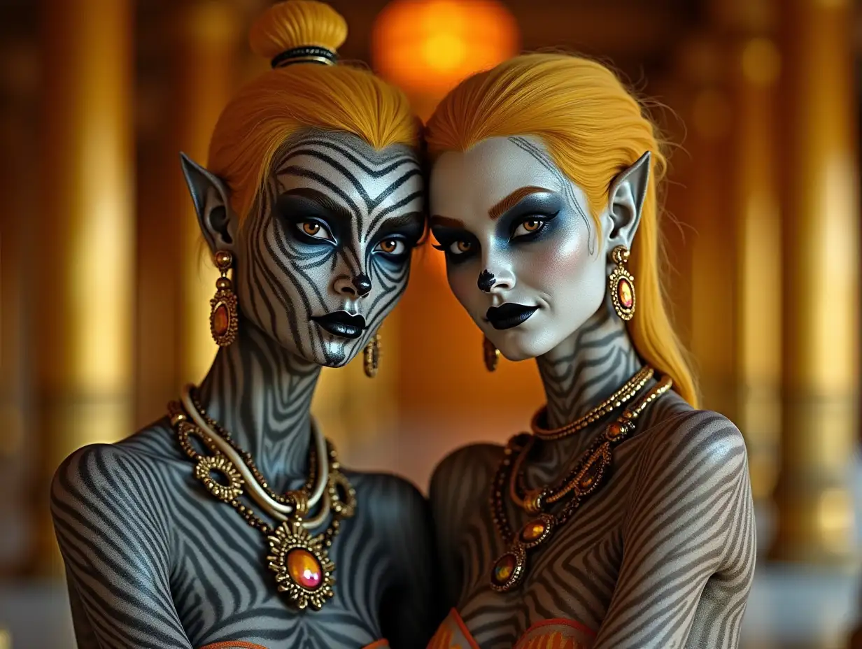 Two young black and white patterned women with alien face, with yellow hair, with a slight smile on their faces, accentuating their smiles, wearing modern retro jewelry, in a temple with much gold in various shades 4k