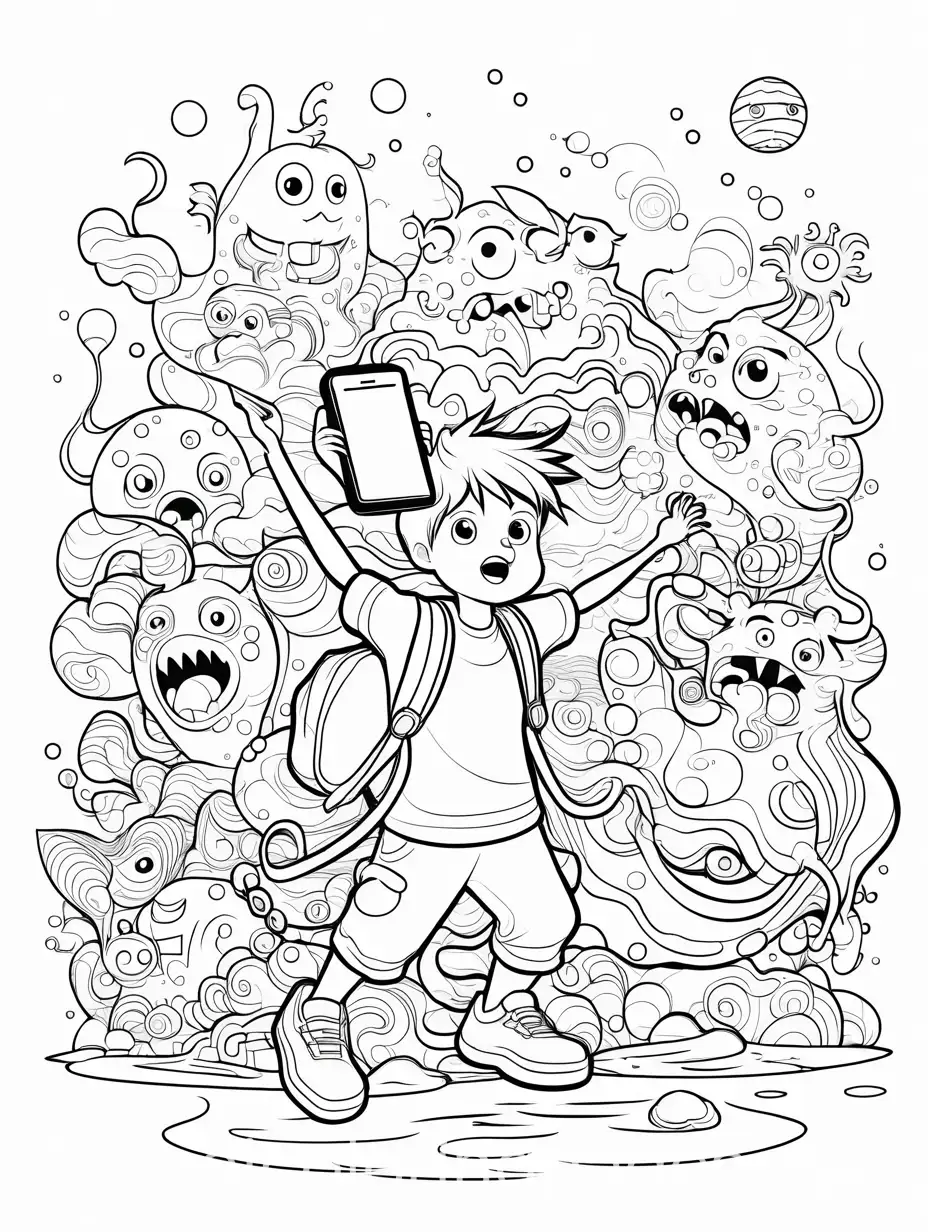 Frightened-Child-Holding-Phone-Infested-with-Viruses-and-Monsters-Coloring-Page