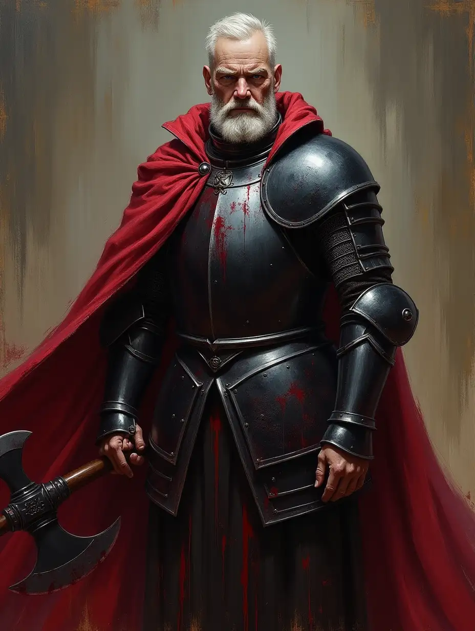 user_prompt: Oil painting, Dark fantasy, male character, (((in full length))), knight of blood, clean expensive armor from black metal, (massive armor), ((long)) black cuirass ((with bloody splashes)), (black bloody cuirass under breastplate), ((bare forearms and hands)), bloodstained dark red cloak with ((collar)), blue eyes, pale hair, expensive bloody axe, heavy axe, cloak flutters in the wind, (((blood magic))), harsh face, (dynamic pose), medieval gothic, (scars on hands), bare hands, bloody shroud, stern elderly man, ((short beard)), well-groomed appearance