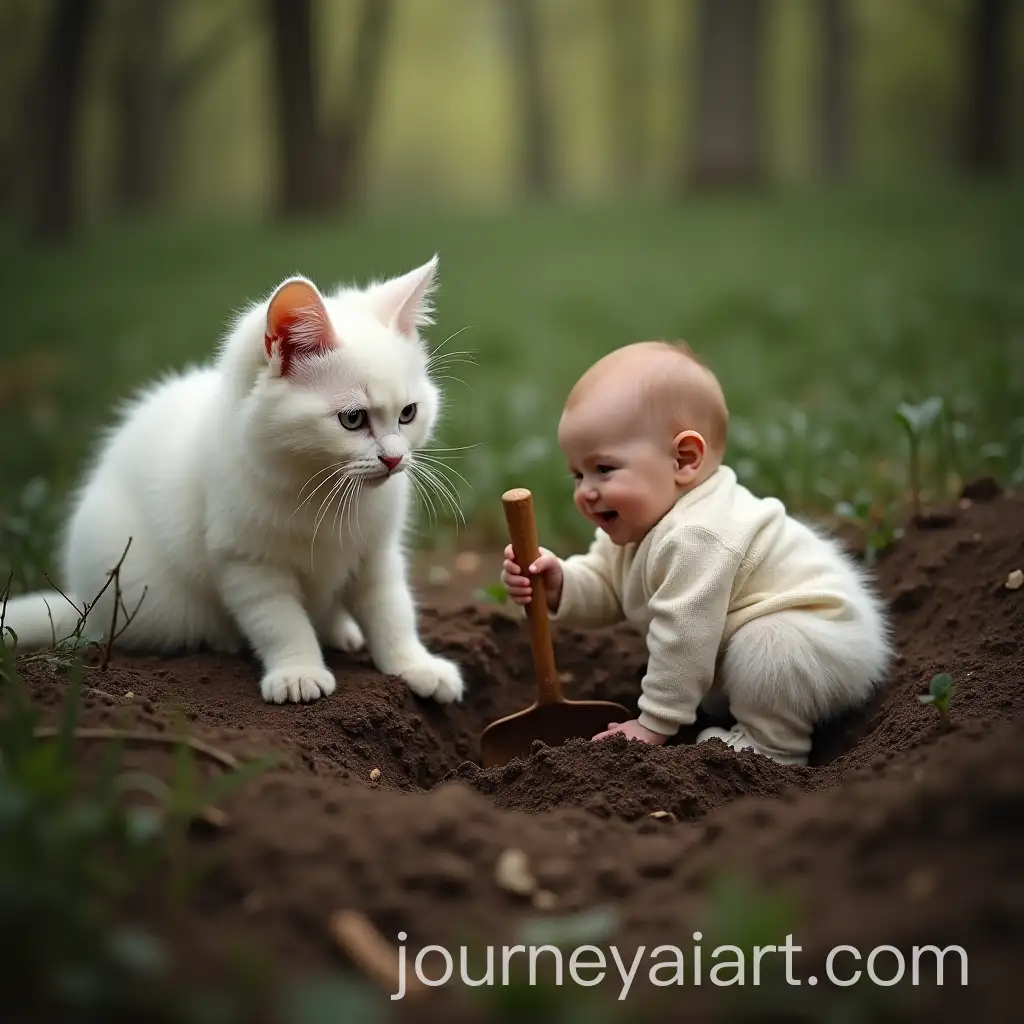 White-Fluffy-Cat-and-Baby-Digging-in-Forest-with-Wooden-Shovel