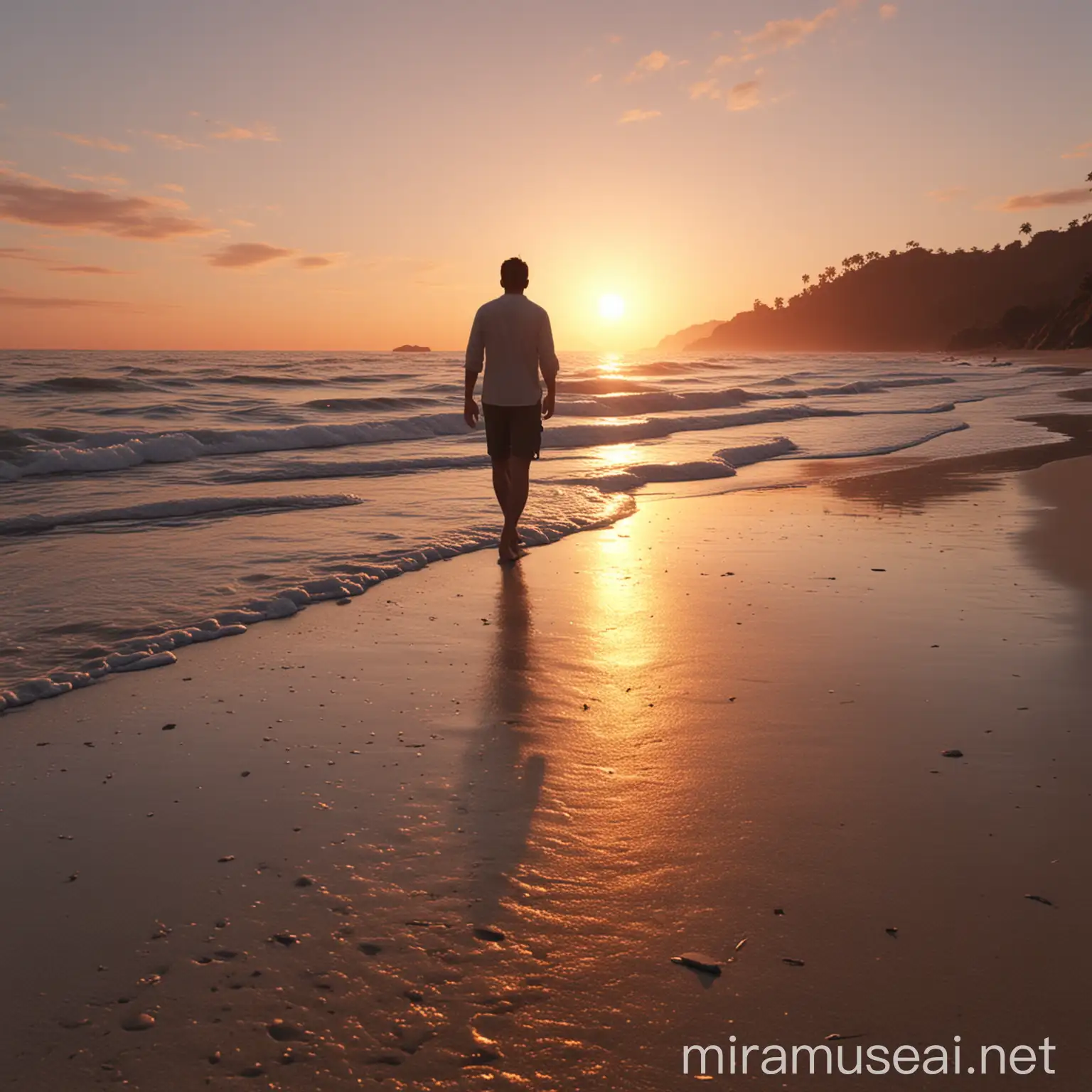 Man Walking Along Beach at Sunset in Photo Realistic 4K