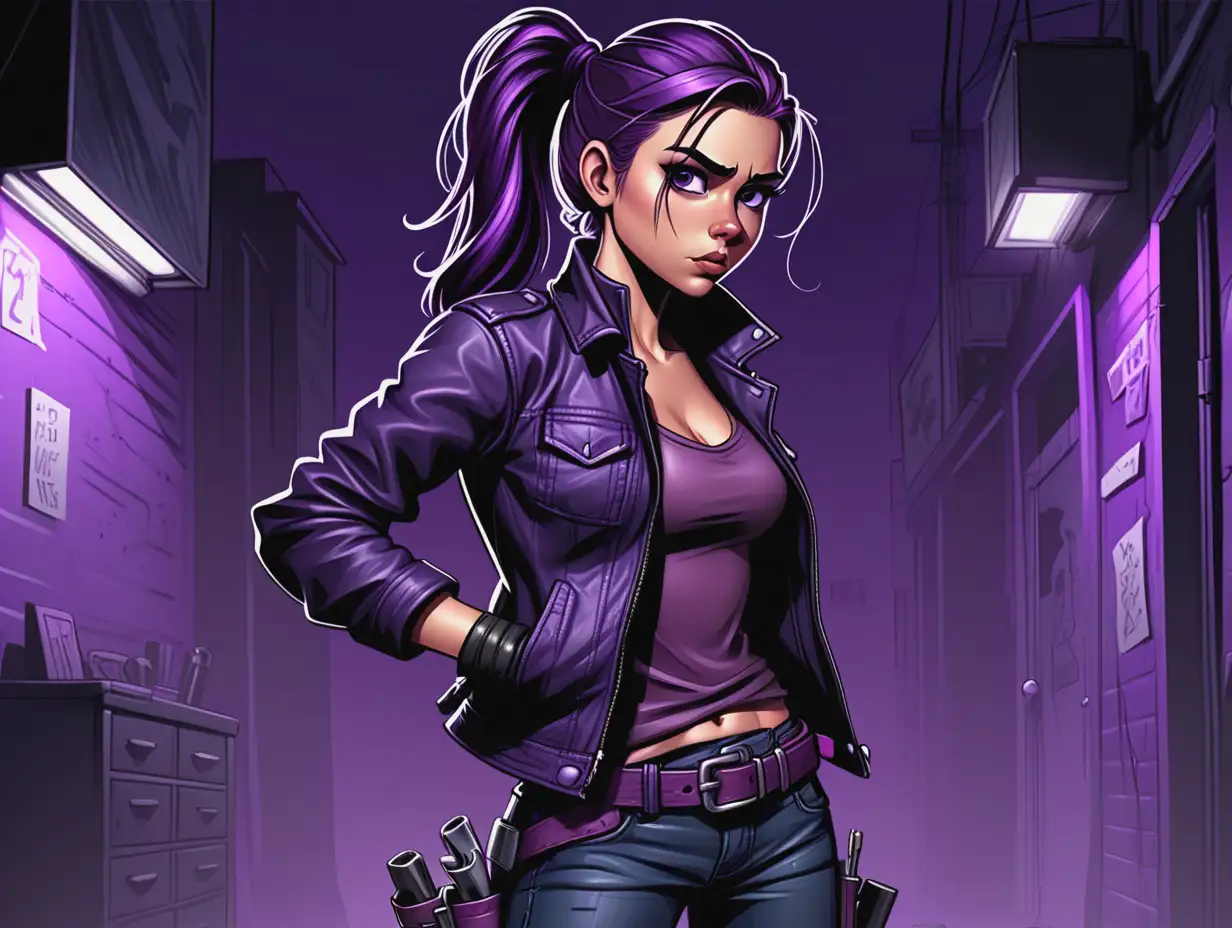 Determined-Investigator-in-Dark-Jeans-and-Leather-Jacket-Survival-Tools-and-Purple-Night-Background