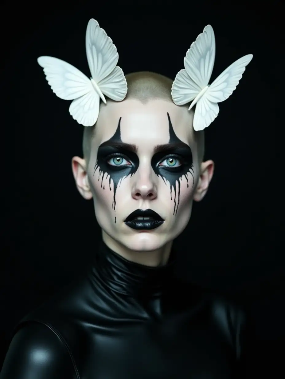 A photograph of a pale-skinned, androgynous figure with a shaved head and striking makeup. The face is painted with black, dripping tears, and vibrant blue eyes. Two large, white butterfly wings are delicately placed on the forehead. The background is dark, contrasting with the subject's glossy, black skin. The overall aesthetic is surreal and dramatic, blending elements of beauty and horror.