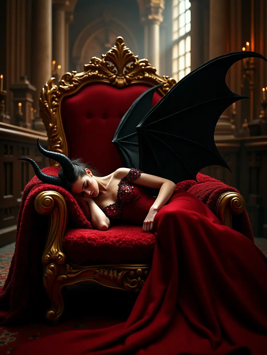 a masterpiece of the highest quality, a seductive demon queen with black wings sleeping on a luxurious dark throne, Gothic architecture with Christmas lights, red and gold color scheme, soft fur textures, magical sequins, contrast between dark and sweet, unearthly lighting