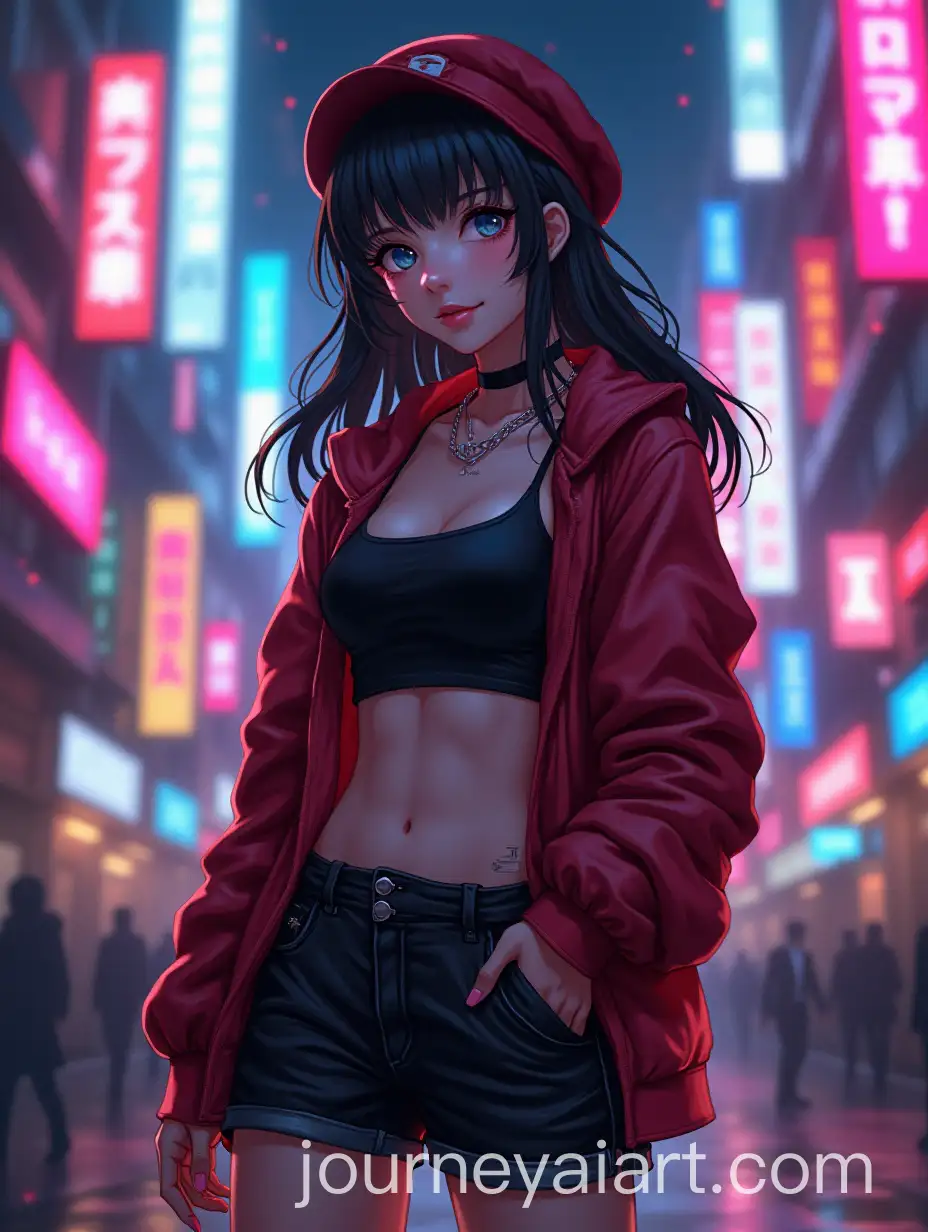 Cyberpunk-Girl-in-Dynamic-Pose-with-Neon-Street-Background