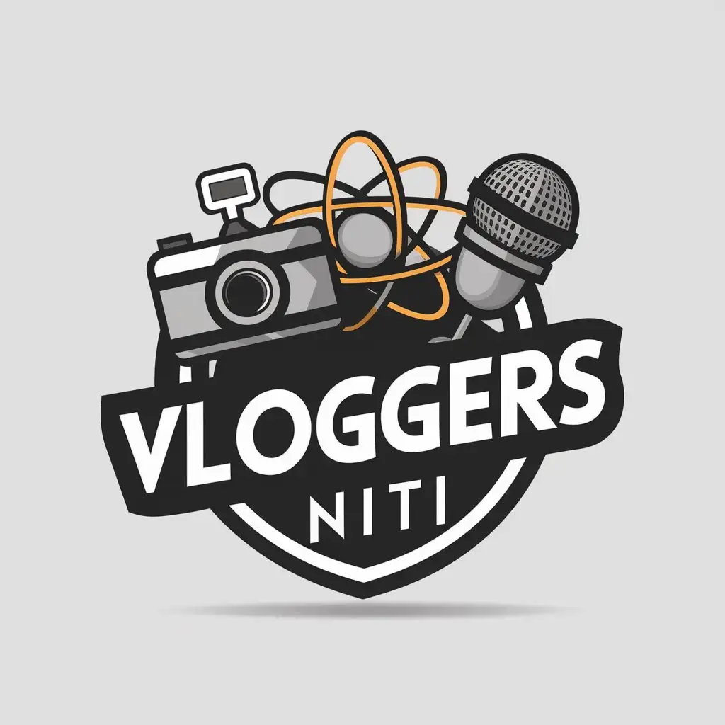 a vector logo design,with the text "Vloggers NITI", main symbol:Camera, Atom, Microphone, 3d symbol, ,complex,be used in VideoBlog industry,clear background