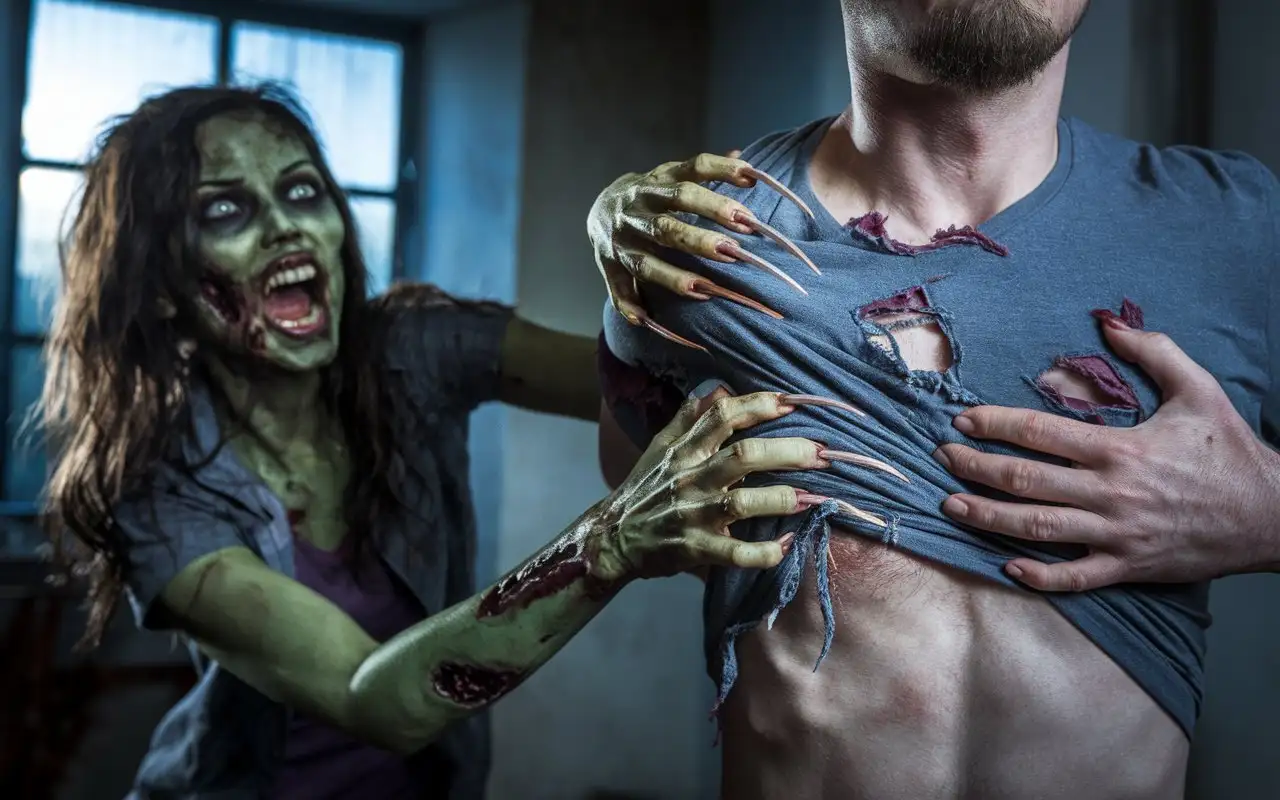 Zombie-Woman-with-Long-Fingernails-Grabbing-Man-and-Tearing-TShirt