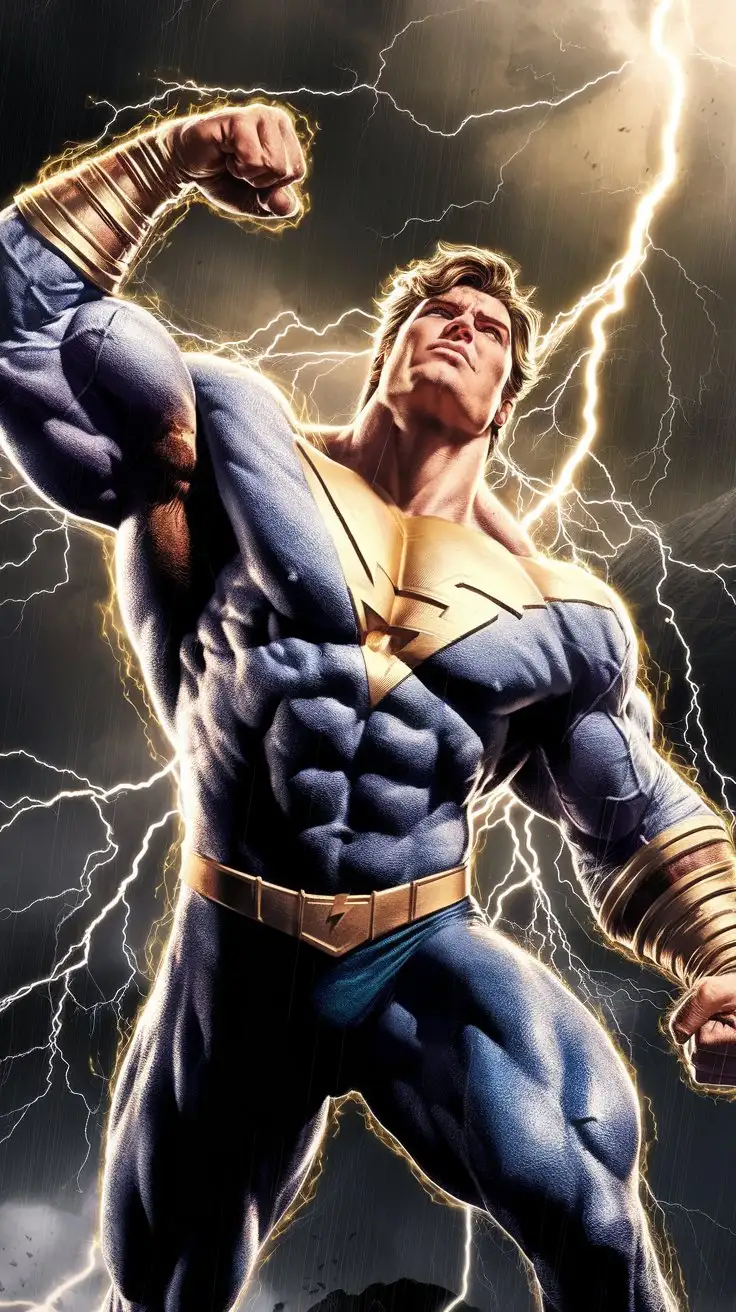 Supercharged brawn. Herculean powers. Golden electric glow. 27 years old. Superhero. Flexing triumphantly in a lightning storm. Photorealistic.