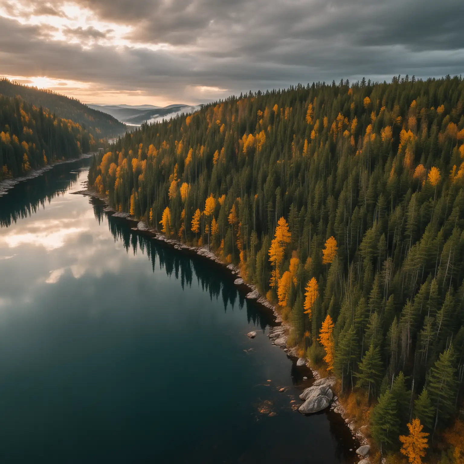 Aerial View of Tranquil Lake and Autumn Forest at Sunset