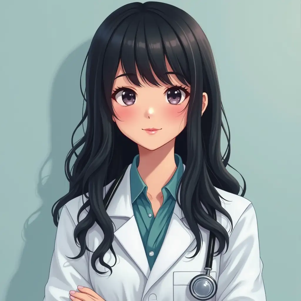 A cute doctor, girl, with straight black hair