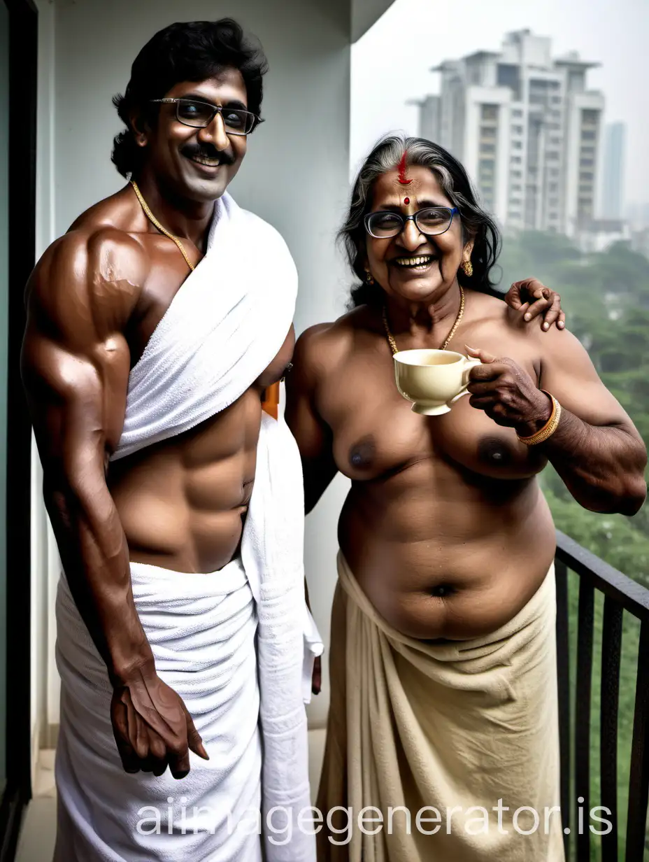 Indian-Bodybuilder-and-Woman-Enjoying-Biryani-on-Luxurious-Balcony-in-Rainy-Morning