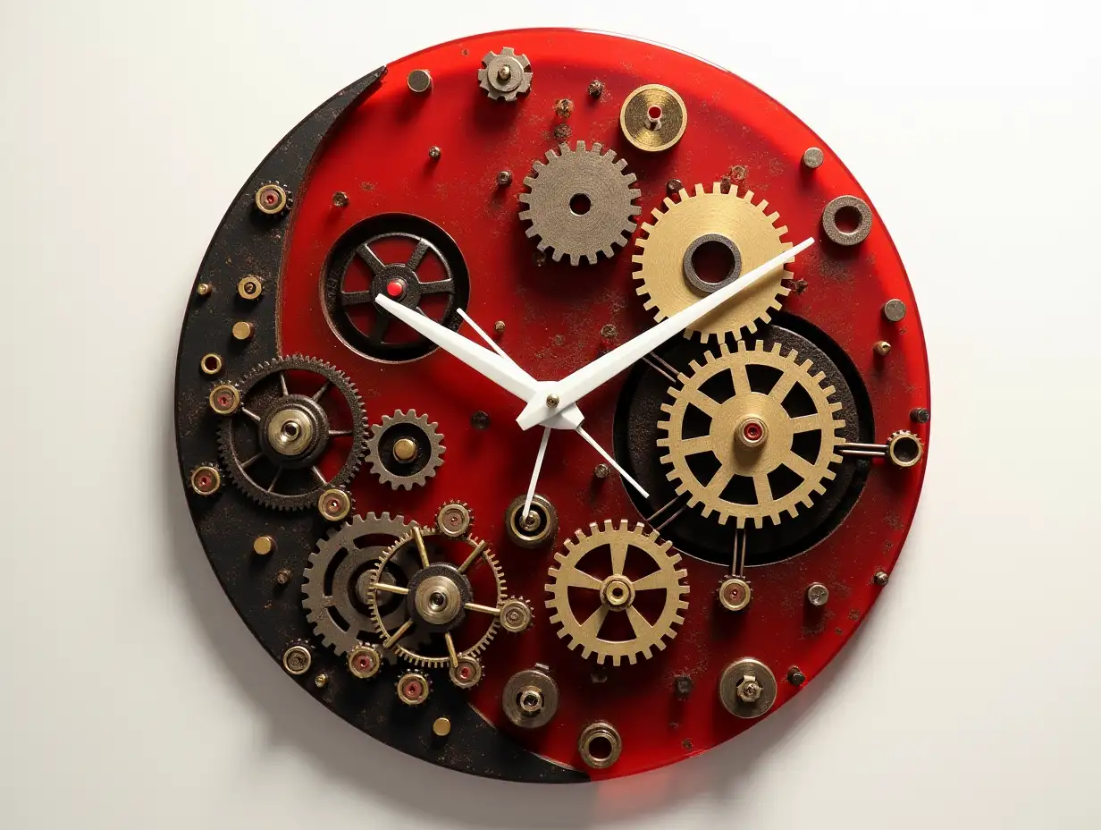 Resin mixed with wood, wall clock with gears, red, black, gold