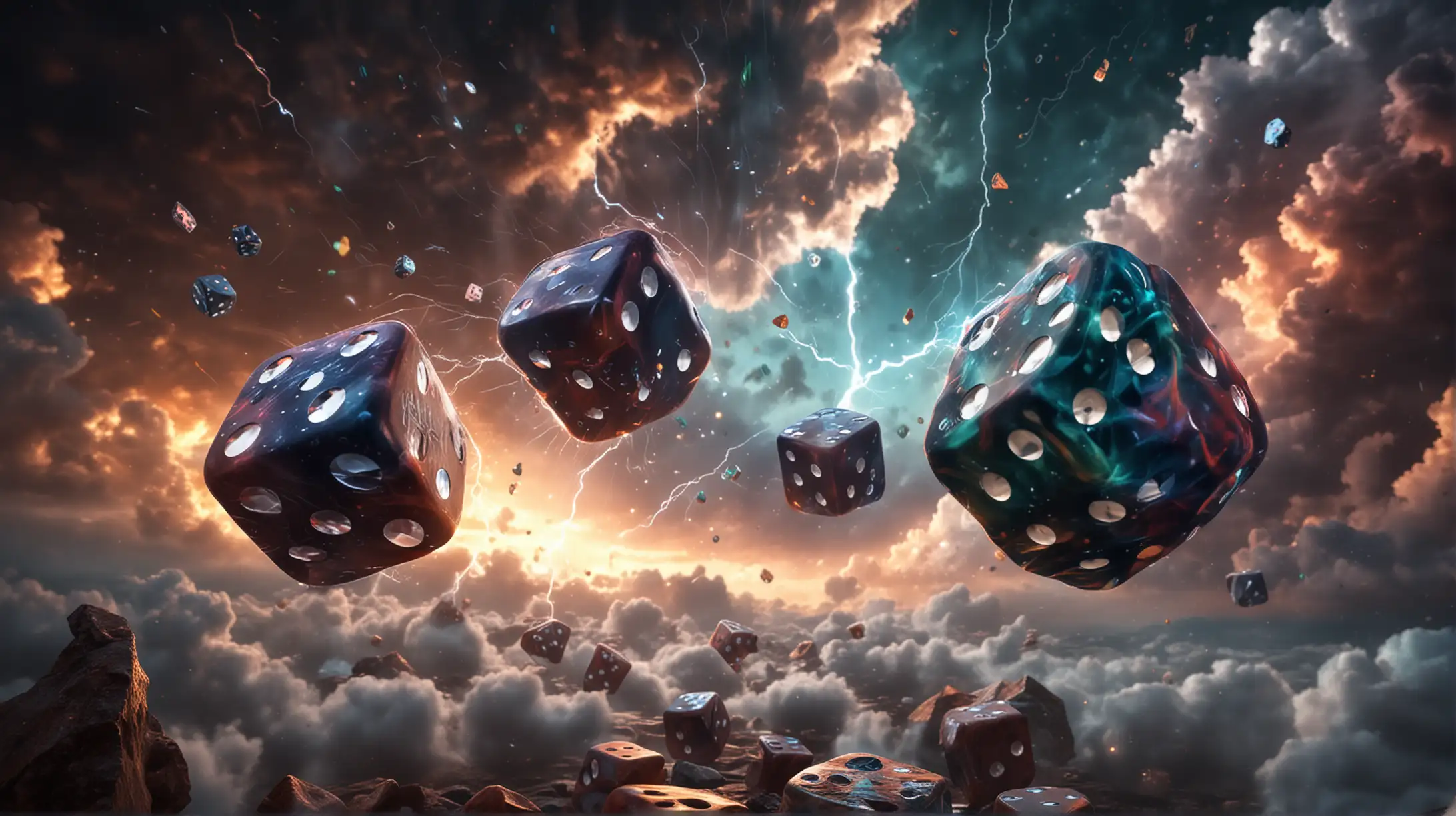 Tumbling Dice in Mysterious Colorful Atmosphere with Lightning