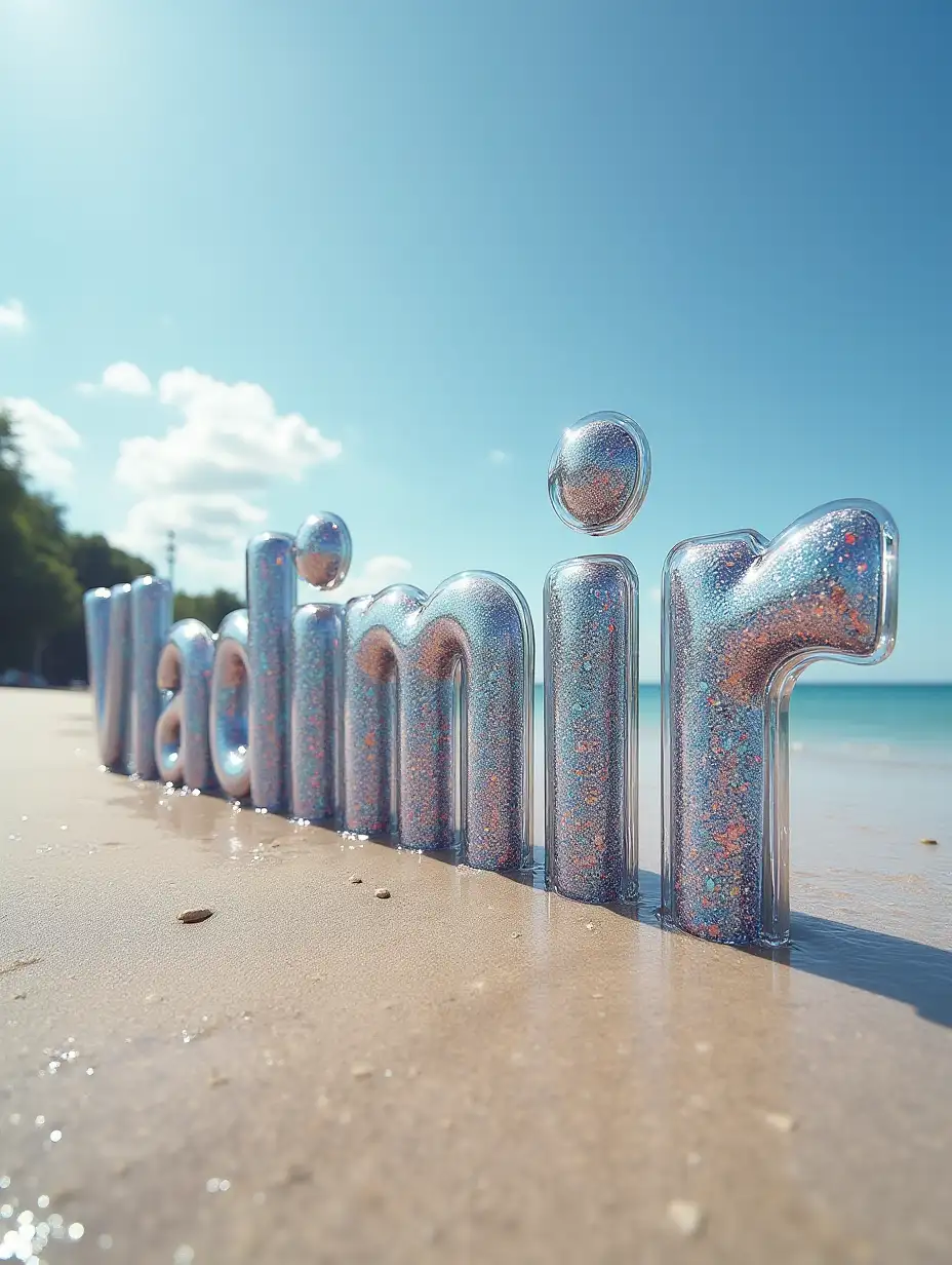 The name “Vladimir” is displayed in large, translucent, bubble-like letters that appear to be made of clear plastic or glass filled with shimmering, colorful particles. The letters are set on a shallow sandy bottom...