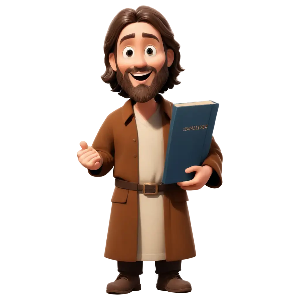 CUTE cartoon smiling, animated, Jesus holding a bible standing next to one of his disciples who has a look of confusion.