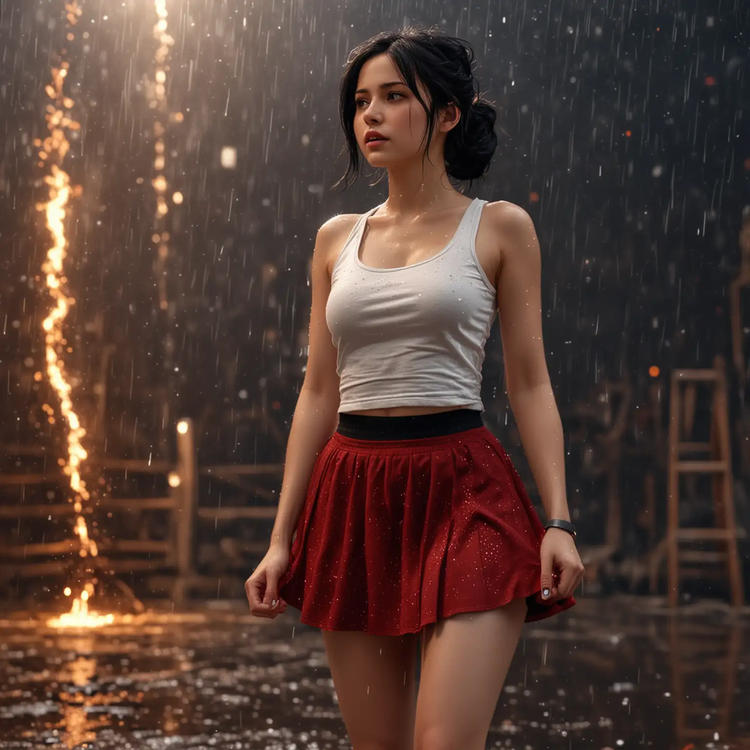 Person-Standing-in-Golden-Sparkling-Rain-with-Fire-White-Tank-Top-and-Dark-Red-Skirt